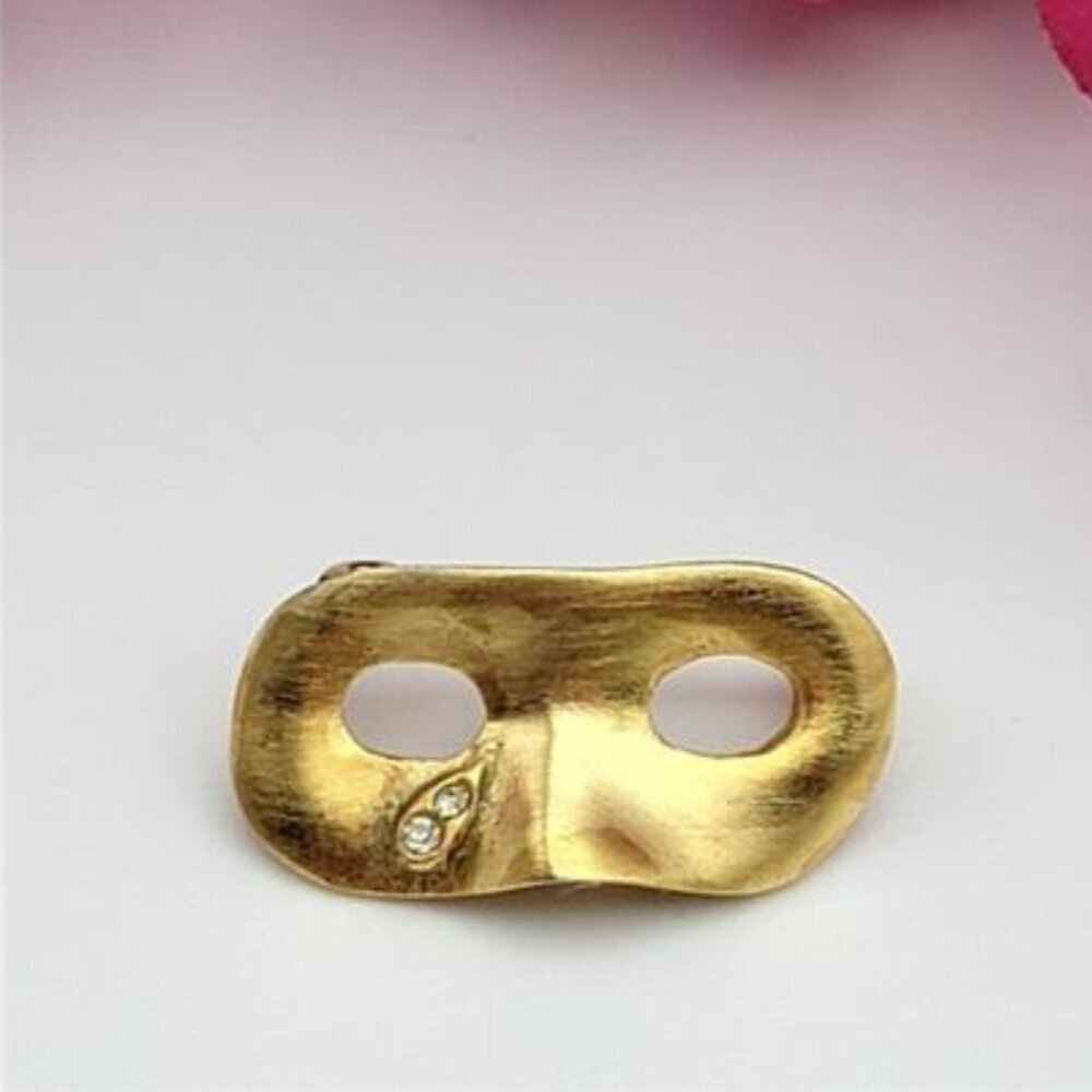 Vintage Comedy Tragedy Mask Brooch Gold Tone Rhinestone Theater Pin 1 Inch